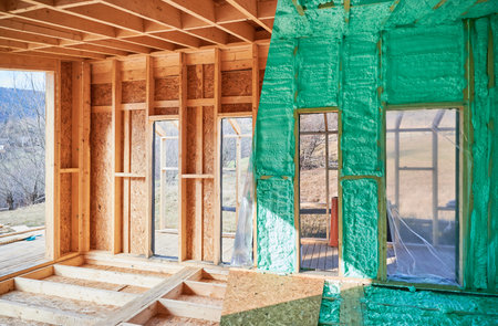Photo collage before and after thermal insulation room in wooden frame house in Scandinavian style barnhouse. Comparison of walls sprayed by polyurethane foam. Construction and insulation concept.の写真素材