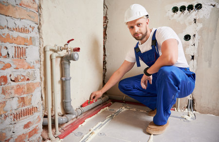 Male plumber using spirit level tool while installing pipe system at home, looking to the camera. Man measuring pipe level with building instrument in apartment under renovation.の写真素材
