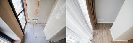 Comparison of apartment flat before and after restoration or refurbishment. Photo collage of old room with large windows and new renovated room with parquet floor and white walls.の写真素材