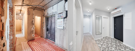 Comparison of old flat with underfloor heating pipes and new renovated apartment with modern interior design. Hallway with heated floor before and after renovation.の写真素材