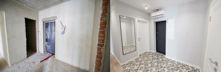 Modern apartment with doorways before and after refurbishment. Comparison of old flat and new place with white walls and modern interior design. Concept of home renovation.の写真素材