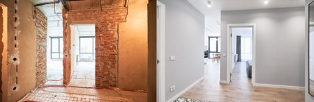 Comparison of old apartment before restoration and new renovated flat with modern interior design. Apartment before and after renovation.の写真素材
