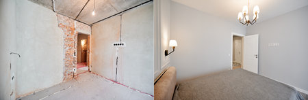 Photo collage of apartment room before and after restoration or refurbishment. Old room with doorway and new renovated living room with parquet floor and elegant interior design.の写真素材
