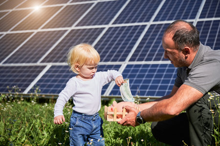 Son and his dad saving money and putting into piggy bank. Father teaching son how to invest money in future on background of solar panels. Concept of saving money, investment in renewable energy.の写真素材