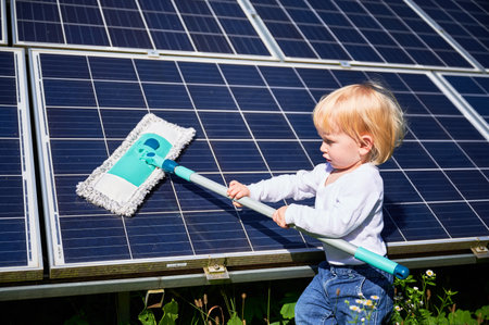 Small boy learning how to care about solar panels. Young kid cleaning new solar battery at warm sunny day. Concept of young generation and alternative energy.の写真素材