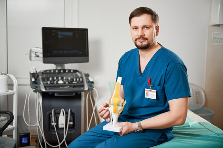 Portrait of male doctor sitting on couchette, holding organ model, looking at camera. Concept of medicine and healthcare.の写真素材