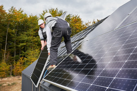 Men roofers installing solar panel system on roof of house. Technicians in helmets lifting up photovoltaic solar module with help of ropes outdoors. Concept of alternative and renewable energy.の写真素材