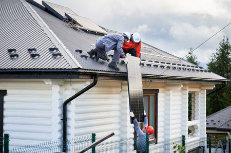 Men mounters installing solar panel system on roof of house. Workers in helmets lifting up photovoltaic solar module outdoors. Concept of alternative and renewable energy.の写真素材
