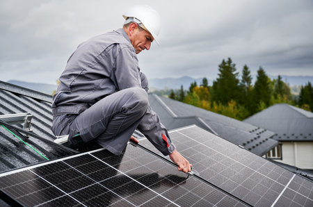 Man technician mounting photovoltaic solar panels on roof of house. Engineer in helmet installing solar module system with help of hex key. Concept of alternative, renewable energy.の写真素材