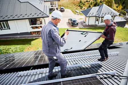 Mounters building solar panel system on roof of house. Men workers in helmets carrying photovoltaic solar module outdoors. Concept of alternative and renewable energy.の写真素材