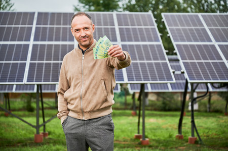 Knowledgeable man showing money he earning by investing in green energy. Promising industry of alternative energy sources. Male glad of his decision to invest in modern resources.の写真素材