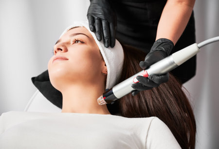 Doctor cosmetologist using radiofrequency microneedling device while performing rejuvenation procedure in cosmetology clinic. Woman receiving skincare treatment in beauty salon.の写真素材