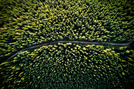 Aerial drone view of mountain road or pathway through alpine coniferous forest with green trees. Beautiful landscape of hiking path passing through conifer woods in lush green woodland.の写真素材