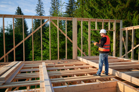 Carpenter constructing wooden two-story frame house near the forest. Bearded man in jumpsuit and protective helmet examining construction plan. Concept of modern ecological construction.の写真素材