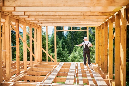 Carpenter is constructing wooden frame house. Back view of man taking measurements using tape measure while dressed in workwear and helmet. The idea behind modern ecological construction.の写真素材