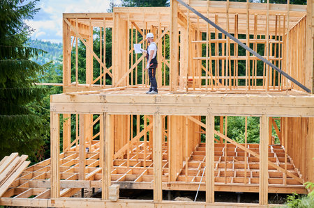 Inspector examining construction plan of wooden two-story building. Man, dressed in jumpsuit and protective helmet, is present on site. Concept of contemporary ecological construction techniques.の写真素材