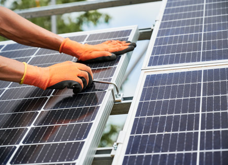 Cropped image of worker installing solar panel on metal beams, tightening with hex key. Renewable and ecological energy. Modern technology and innovation. Man wearing working glovesの写真素材