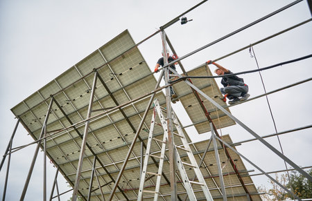Low angle of men solar installers mounting photovoltaic solar panel system under white sky. Male workers standing on metal rails and installing solar modules. Concept of alternative energy sources.の写真素材