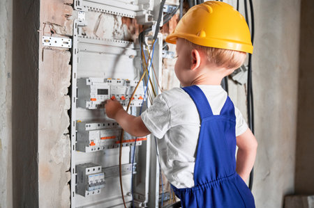Side view of child fixing electrical switchboard or distribution board in apartment under renovation. Boy electrician repairing household electrical panel with automatic fuses.の写真素材