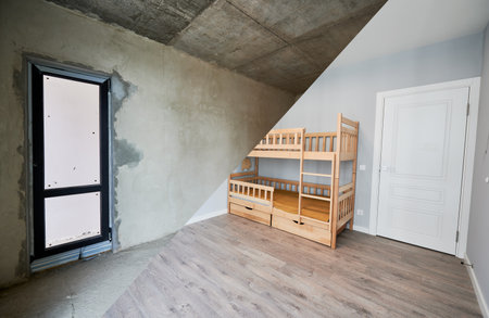 Comparison of children room with wooden bunk bed before and after restoration. Photo collage of old apartment with door and new renovated flat with parquet floor and kid house bed.の写真素材