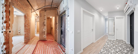 Comparison of old flat with underfloor heating pipes and new renovated apartment with modern interior design. Hallway with heated floor before and after renovation.の写真素材