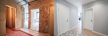 Comparison of old apartment before restoration and new renovated flat with modern interior design. Apartment with underfloor heating pipes before and after renovation.の写真素材
