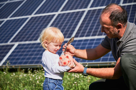 Modern father and his little son saving money in piggy bank. Adorable kid learning how to save money. Man and his cute child putting some cash to piggy bank on background of solar panels.の写真素材