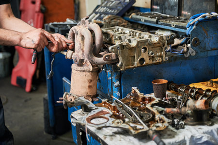 Close up of worker, repairman working in garage, workshop, auto servicing center. Hardworking man holding instrument, equipment. Concept of manual labor.の写真素材