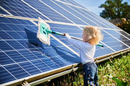 Little kid learning how to clean solar panel. Young boy learning how to care about solar station. Concept of young generation and green energetic.の写真素材