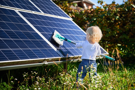 Small boy learning how to care about solar panels. Young kid cleaning new solar battery at warm sunny day. Concept of young generation and alternative energy.の写真素材