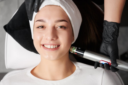 Top view of medical esthetician using radiofrequency device while performing facial treatment in cosmetology clinic. Smiling woman wearing headband while having rejuvenation skincare procedure.の写真素材