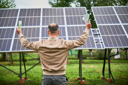 Back view of man happy about profit he got from investing in green energy. Man exulting with huge sum in hands and standing next to solar battery he bought.の写真素材