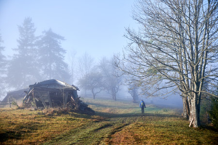 Panoramic view of male human standing on grassy hill trail near misty trees and old wooden cabin buildingの写真素材