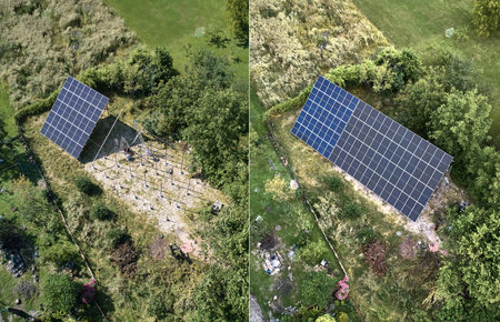 Top view of photovoltaic solar panels in grassy field before and after installation. Photo collage of male workers installing solar modules on metal structure and installed solar panel system.の写真素材