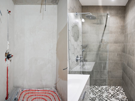 Apartment bathroom with heated floor before and after restoration. Comparison of old flat with underfloor heating pipes and new renovated bathroom.の写真素材