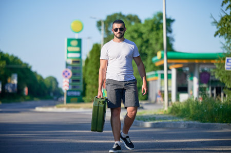 Confident man finally found petrol station and fill canister. Man returning to car to refuel it. Young male with canister in hand on background of gas station.の写真素材