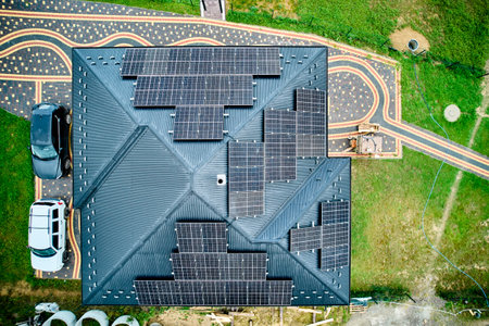 Aerial top view of solar panels on roof. Modern house with alternative electricity source. Concept...