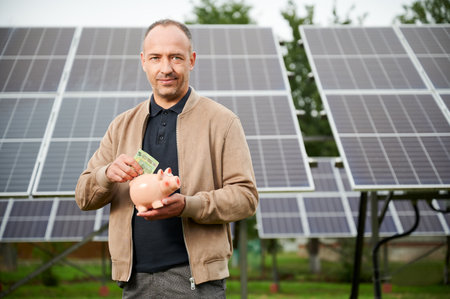 Confidence man putting earned money to piggy bank. Male adult saving profit he got from investing in green energy. Man in casual clothes holding moneybox and putting euros in it.の写真素材