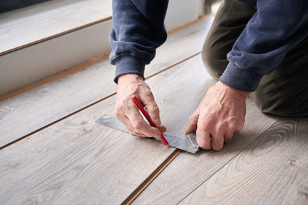 Close up of man hands using metal ruler and pencil while drawing line on laminate plank. Male construction worker measuring laminate wooden board for floor installation. Home renovation concept.の写真素材