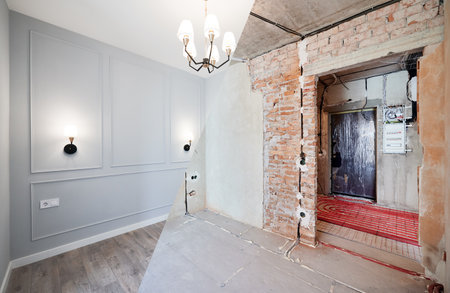 Photo collage of apartment room before and after restoration or refurbishment. Old room with doorway and new renovated living room with parquet floor and elegant interior design.の写真素材