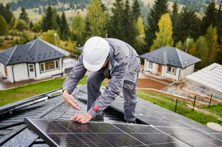 Man electrician mounting photovoltaic solar panels on roof of house. Engineer in helmet installing solar module system with help of hex key. Concept of alternative, renewable energy.の写真素材