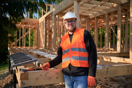 Carpenter constructing wooden frame two-story house near the forest. Bearded man holding hammer,...