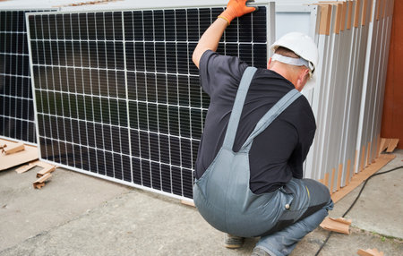 Back view of worker making ready solar panel for installing. Renewable and ecological energy. Man wearing workwear, working gloves and helmetの写真素材
