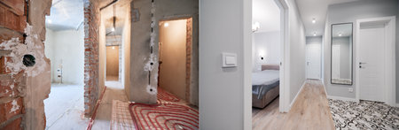 Photo collage of hallway and bedroom before and after refurbishment. Old apartment with underfloor heating pipes and new renovated flat with bed, doorway, elegant interior design. Focus on the switch.の写真素材