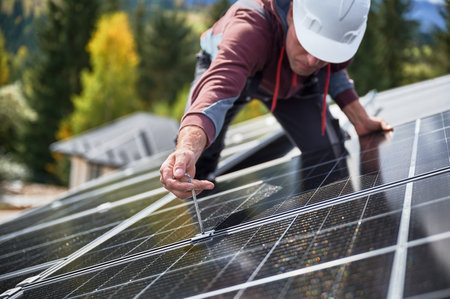 Man electrician mounting photovoltaic solar panels on roof of house. Engineer in helmet installing solar module system with help of hex key. Concept of alternative, renewable energy.の写真素材