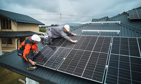 Workers installing photovoltaic solar panels on roof of house. Men engineers in helmets building solar module system with help of hex key. Concept of alternative, renewable energy.の写真素材