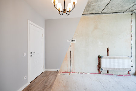Photo collage of apartment room before and after restoration or refurbishment. Old room with doorway and new renovated living room with parquet floor and elegant interior design.の写真素材