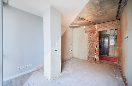 Comparison of apartment room before and after refurbishment. Old room before restoration and new renovated room with elegant interior design.の写真素材
