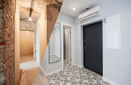 Comparison of old flat and new renovated apartment with modern interior design. Hallway before and after renovation.の写真素材