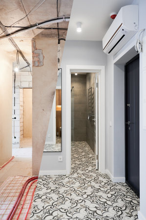 Old apartment with brick walls and new renovated flat with doors, mirror, air conditioner and stylish design in white tones. Inferior of apartment before and after renovation.の写真素材
